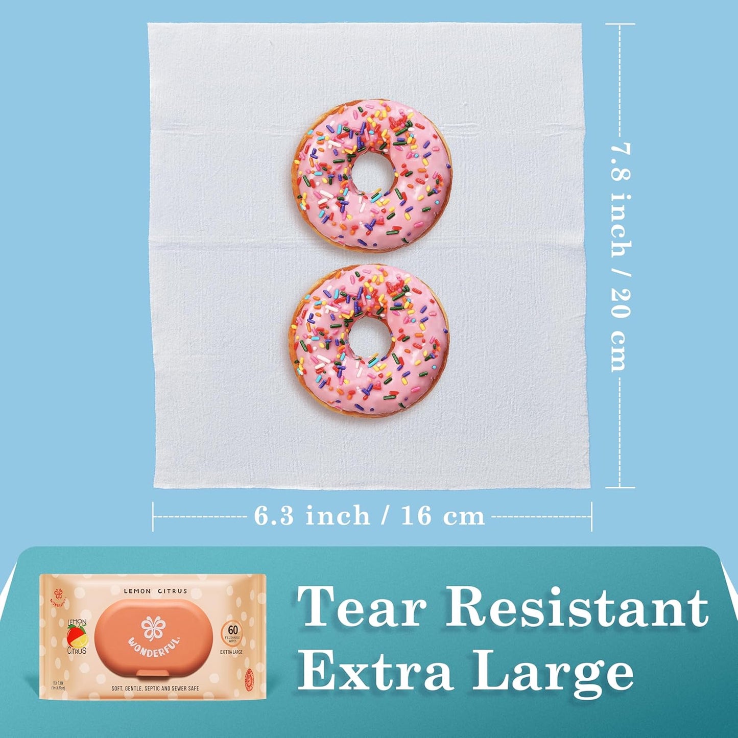 WONDERFUL Flushable Wipes, Lemon Citrus 100% Plant-Based Wet Butt Wipe for Adults & Kids, Sewer Septic Safe, Gentle for Sensitive Skin, Wipes Flushable Pack for Bathroom & Travel, 6-Pack (360 Counts)