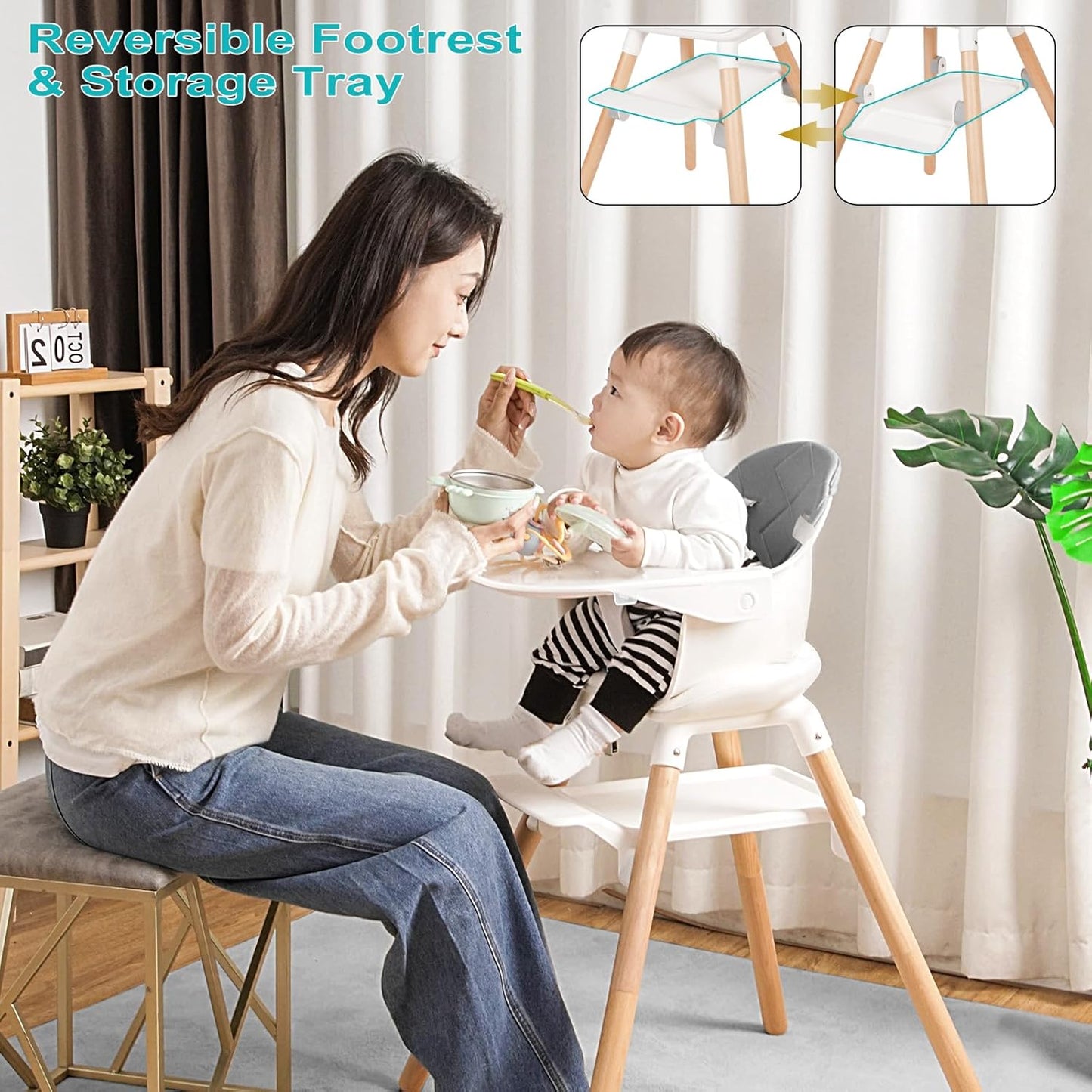 High Chair, 6 in 1 Wooden Convertible High Chairs for Babies and Toddlers, Booster Seat with Double Tray & Reversible Footrest Baby Highchair, 5-Point Harness Baby Feeding Chair, Grey