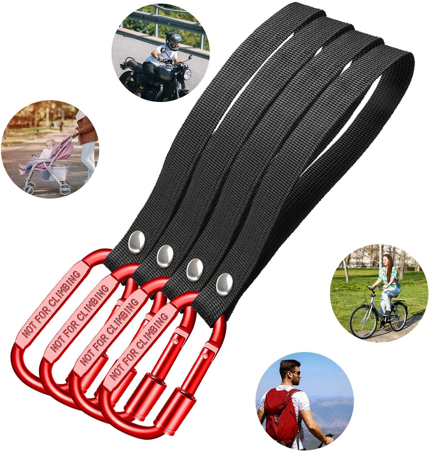 Stroller Hooks for Bags with Locking Stroller Carabiner Clip – Heavy-Duty Hooks for Diaper Bags, Groceries, Backpacks on Strollers, Bikes & Shopping Carts (Red, 4 Pieces)