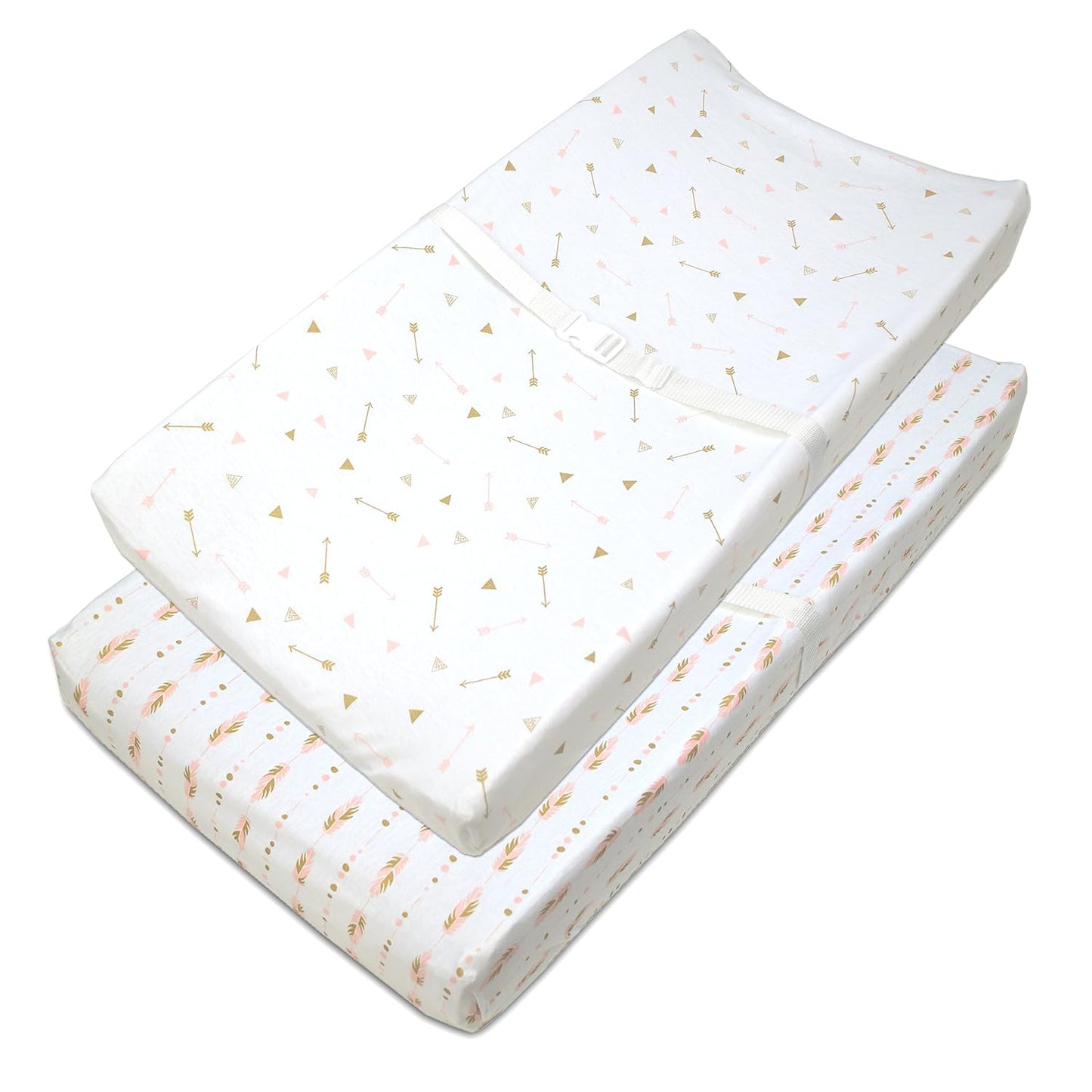 American Baby Company 2 Pack Printed 100% Cotton Knit Fitted Contoured Changing Table Pad Cover - Compatible with Mika Micky Bassinet, Sparkle Gold/Pink Feathers/Arrows, for Boys and Girls