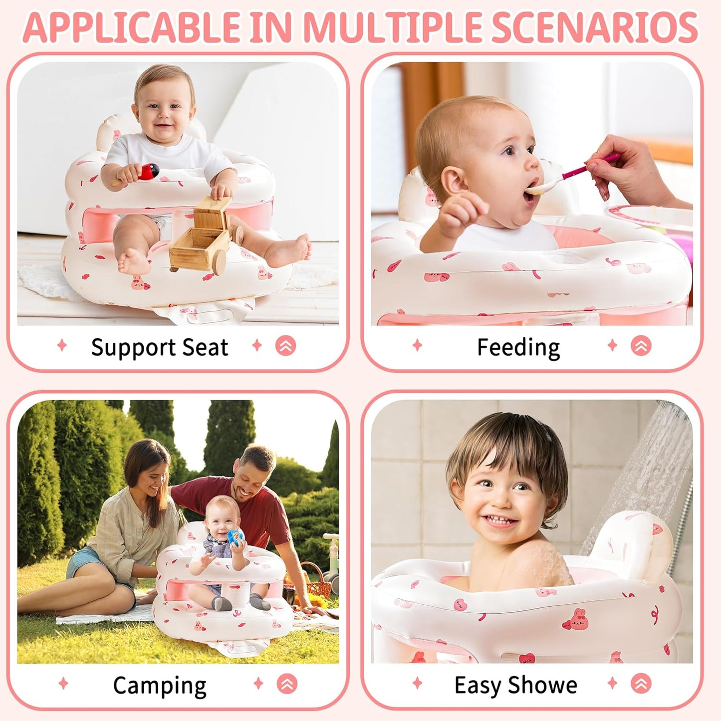 Inflatable Baby Seat with Full Enclosure, Comfortable Sit Me Up Baby Chair for Learning to Sit, Built in Air Pump Blow Up Infant Back Support Floor Seat for Babies 3 Months & Up (Bunny)