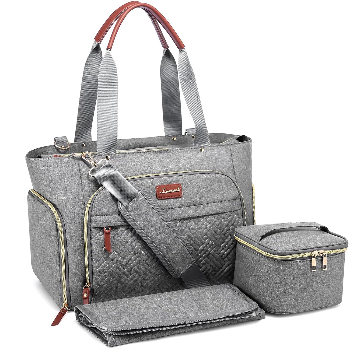 LOVEVOOK Diaper Bag Set, 3-Piece Set with Laptop Pocket, Cooler Bag & Changing Pad, Fits Most Breast Pumps, Grey, 15.7" x 8" x 11", For Mothers, Newborn - 3 Years