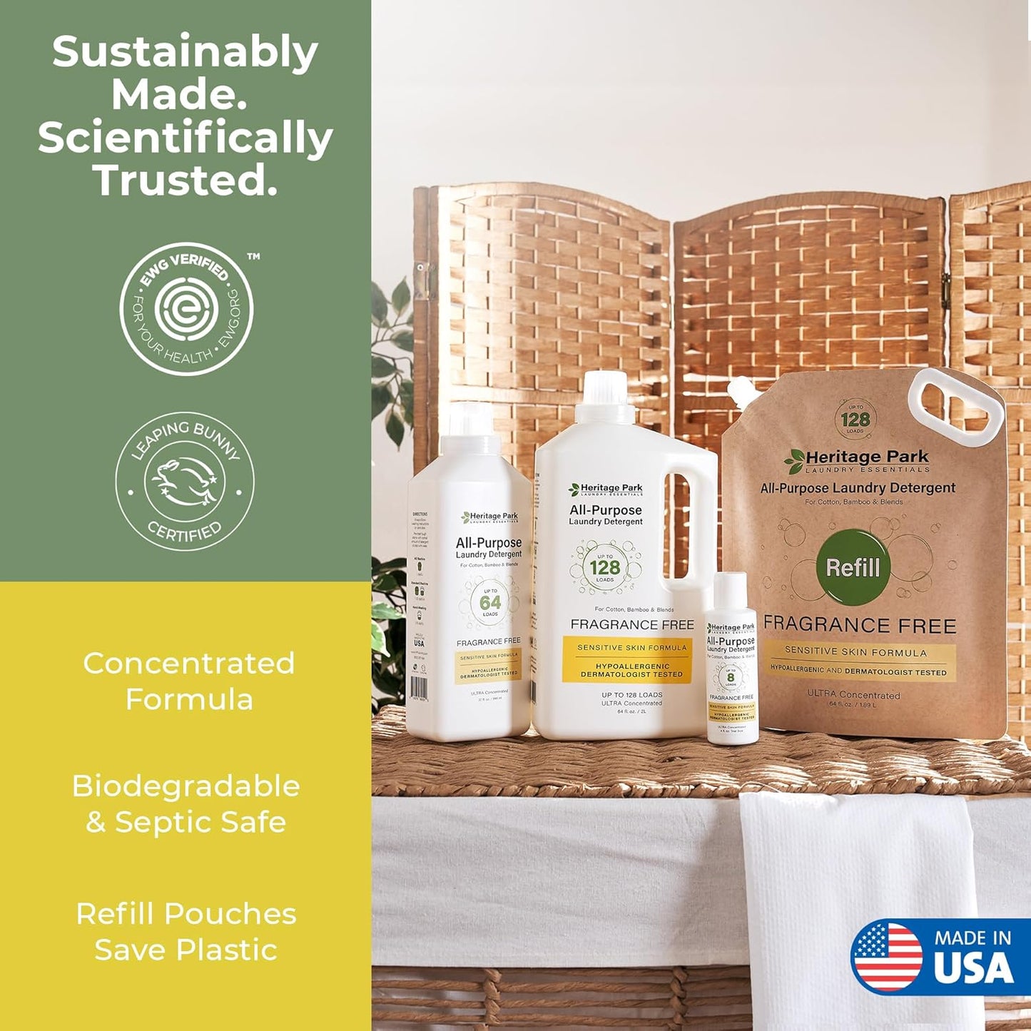 Heritage Park All-Purpose Fragrance Free, Hypoallergenic, pH-Neutral Laundry Detergent - Dermatologist-tested, Sensitive Skin-Friendly, Stain-Fighting Enzymes, 3x Concentrated (64 fl oz Refill Pouch)