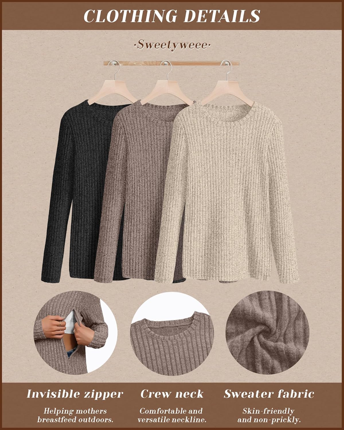 3 Pack Women's Nursing Long Sleeve Tops Breastfeeding Thermal Sweaters with Hidden Zipper Maternity Ribbed Shirts