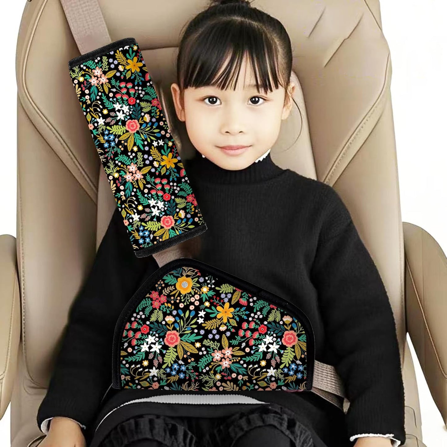 Kid'S Seat Belt Cover Pad, Neck & Abdomen Cushion For Children- Soft And Breathable Straps Cover Support For Booster Seat, Strollers, And High Chairs | Hypoallergenic Travel Accessory, Wild flower