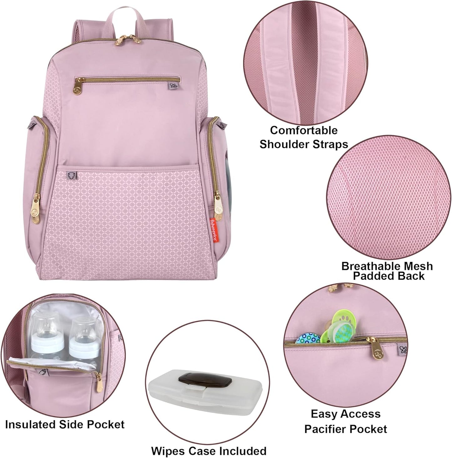 Fisher-Price Fastfinder Gemma Diaper Bag Backpack with Portable Changing Pad, Wipes Dispenser (Pink)