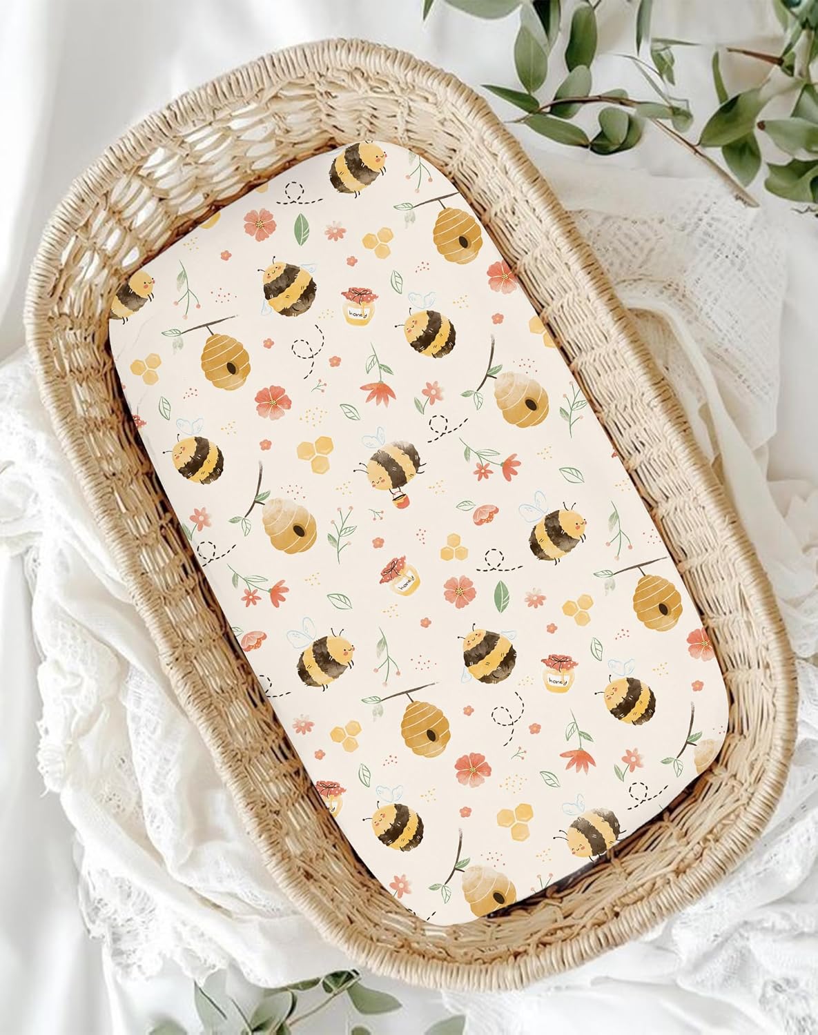 Bassinet Sheets for Baby Girls Boys 2 Pack, Fitted Baby Mattress Sheet for Rectangle, Oval, Hourglass Bassinet Mattress, Breathable Cozy & Universal Fit (Bee Happy)