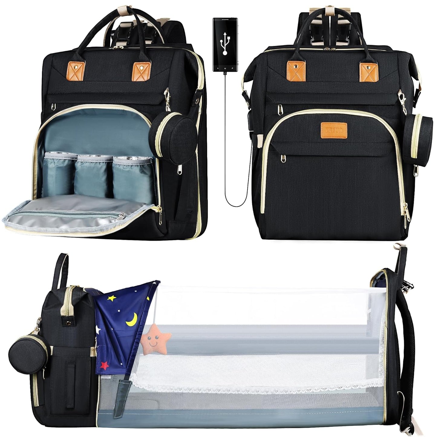 Diaper Bag Backpack for Mom and Dad, Large Capacity Baby Travel Bag with USB Charging Port, Waterproof Foldable Baby Bag for Boys and Girls, Stylish Maternity Backpack for Travel & Hospital，Black