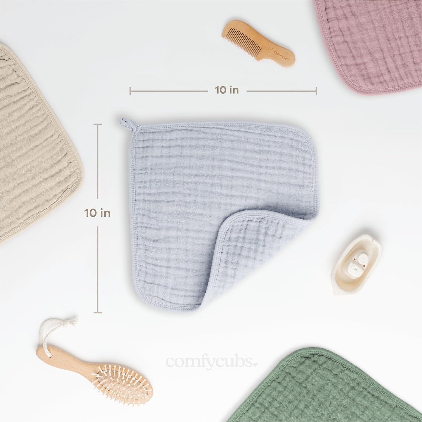 Comfy Cubs Muslin Baby Washcloths 10 Pack - Soft 6-Layer Cotton Wash Cloths for Sensitive Skin - 10"x10" Large, Gentle, Absorbent Infant Essentials for Newborn and Toddlers - Slate