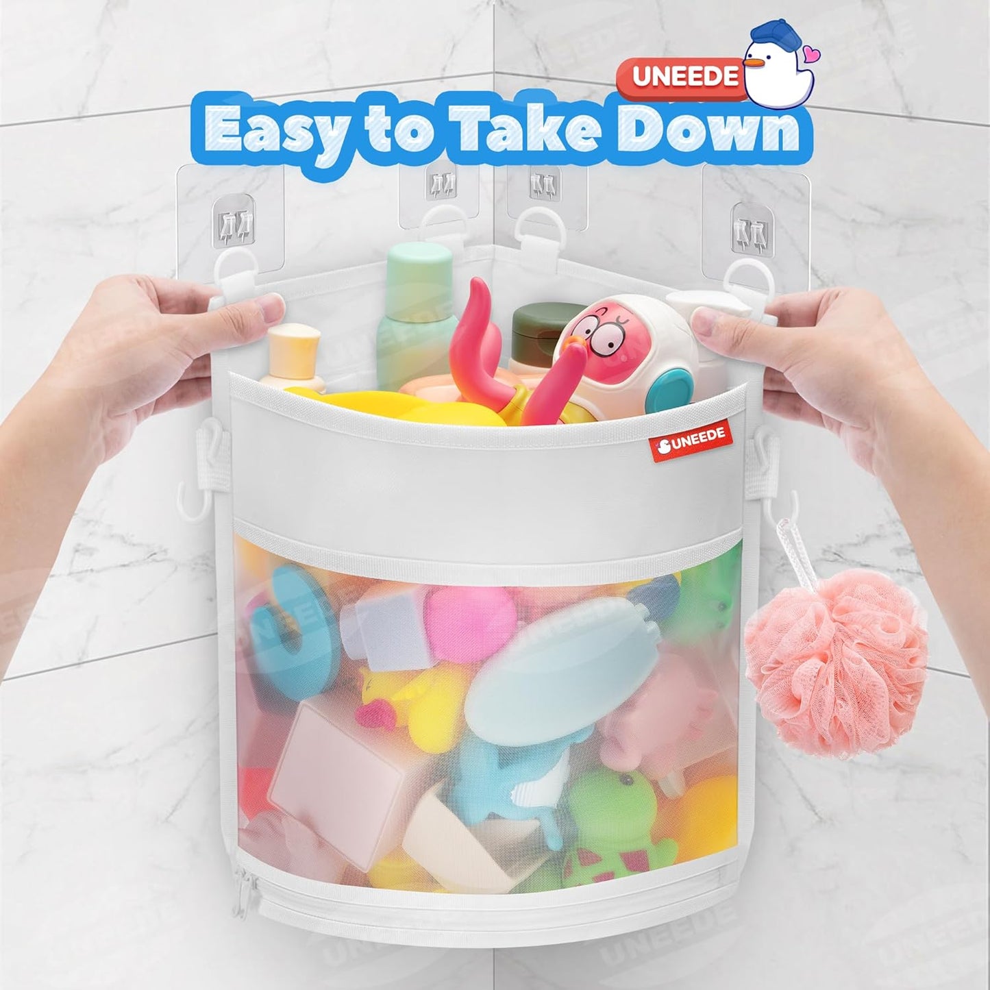 UNEEDE 3.5 Gallons Corner Mounted Versatile Bath Toy Organizer, Mesh Shower Caddy for Bathtub Toy Organizer and Storage, Quick Dry Bath Toy Holder