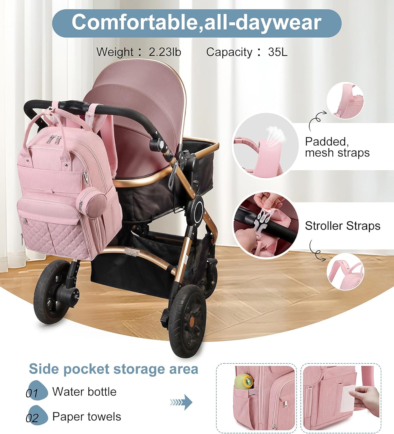 MOONBABY Diaper Bag Backpack, Baby Diaper Bags with Portable Changing Pad and Pacifier Case, Multifunctional Travel Diaper Backpacks, Unisex Baby Bags, Pink