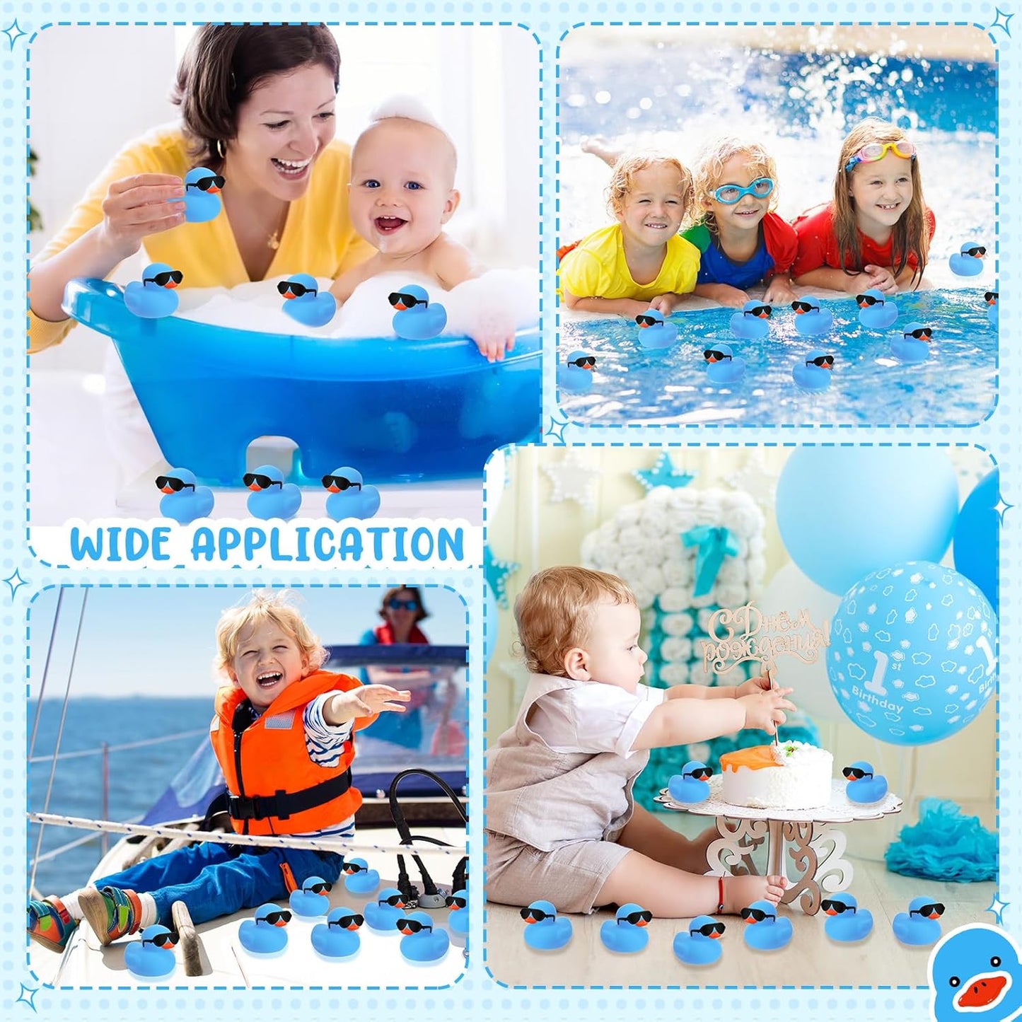 Sosation 48 Pack Mini Rubber Ducks with Sunglasses Sets Squeaky Bath Toys Float Bathtub Duckies for Little One Birthday Party Favors Class Carnival Prizes Car Decor(Blue)