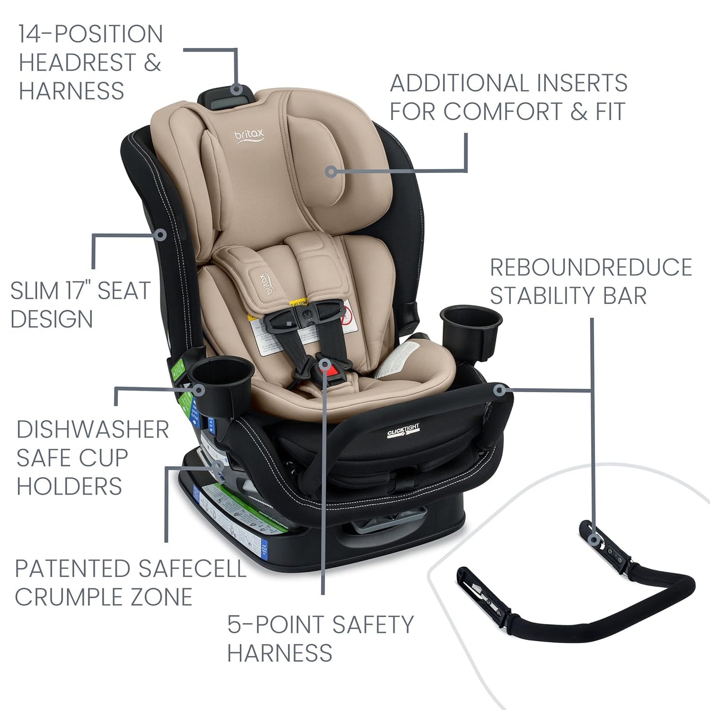 Britax Poplar S Convertible Car Seat, 2-in-1 Car Seat with Slim 17-Inch Design, ClickTight Technology, Sand Onyx