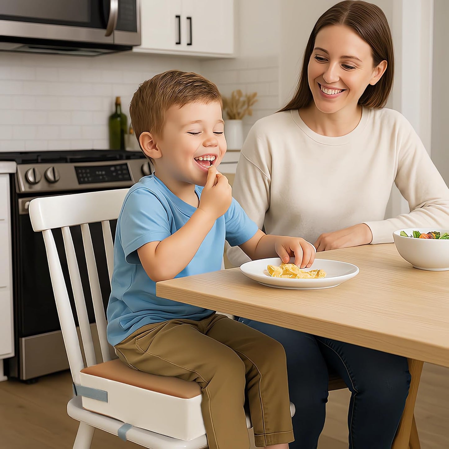 Toddler Dining Table Booster seat, PU Washable Waterproof Double seat Belt Non-Slip Bottom Booster seat for Dining Toddler, Portable Travel Increase Cushion Brown+White