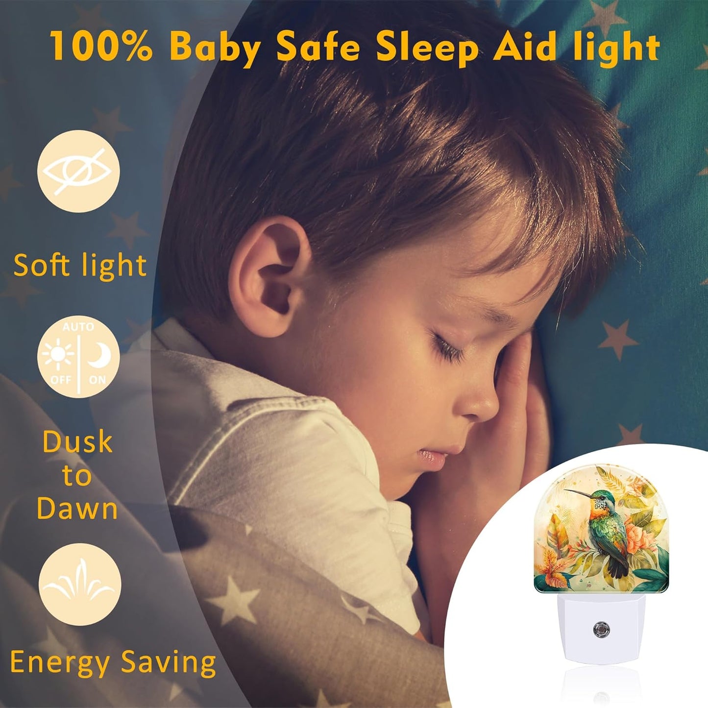 Hummingbird and Tropical Flowers Night Light for Kids,Watercolor Floral Bird Night Light Plug in with Dusk to Dawn Sensor,0.5w Energy Saving Nightlight for Hallway Stairway Kitchen Bedroom