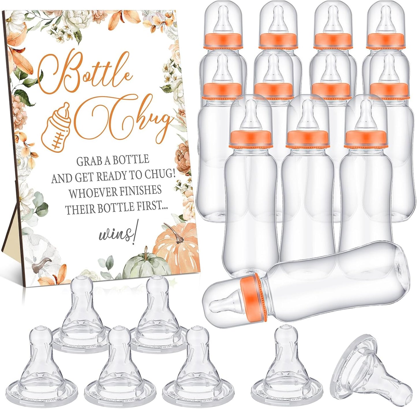TrelaCo Little Pumpkin Cool Baby Shower Games Wooden Bottle Chug Sign Rustic Theme Baby Gift Sets and 12 Pcs Baby Bottle Shower Favor Baby Bottles for Rustic Kraft Baby Shower Games Gender Reveal