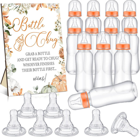 TrelaCo Little Pumpkin Cool Baby Shower Games Wooden Bottle Chug Sign Rustic Theme Baby Gift Sets and 12 Pcs Baby Bottle Shower Favor Baby Bottles for Rustic Kraft Baby Shower Games Gender Reveal