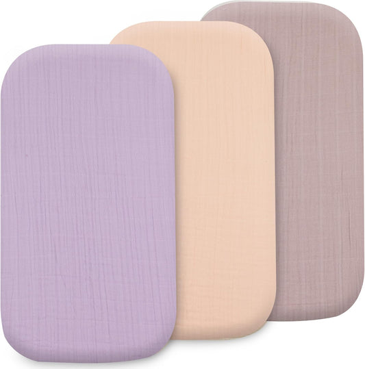 3 Pack Organic Muslin Bedside Bassinet Sheets Compatible with Mika Micky, Baby Delight, Dream On Me, AMKE and Other Bassinet Pads Size Between 17-21 in Width, 29-33 in Length, and 1.5-4 in Thick
