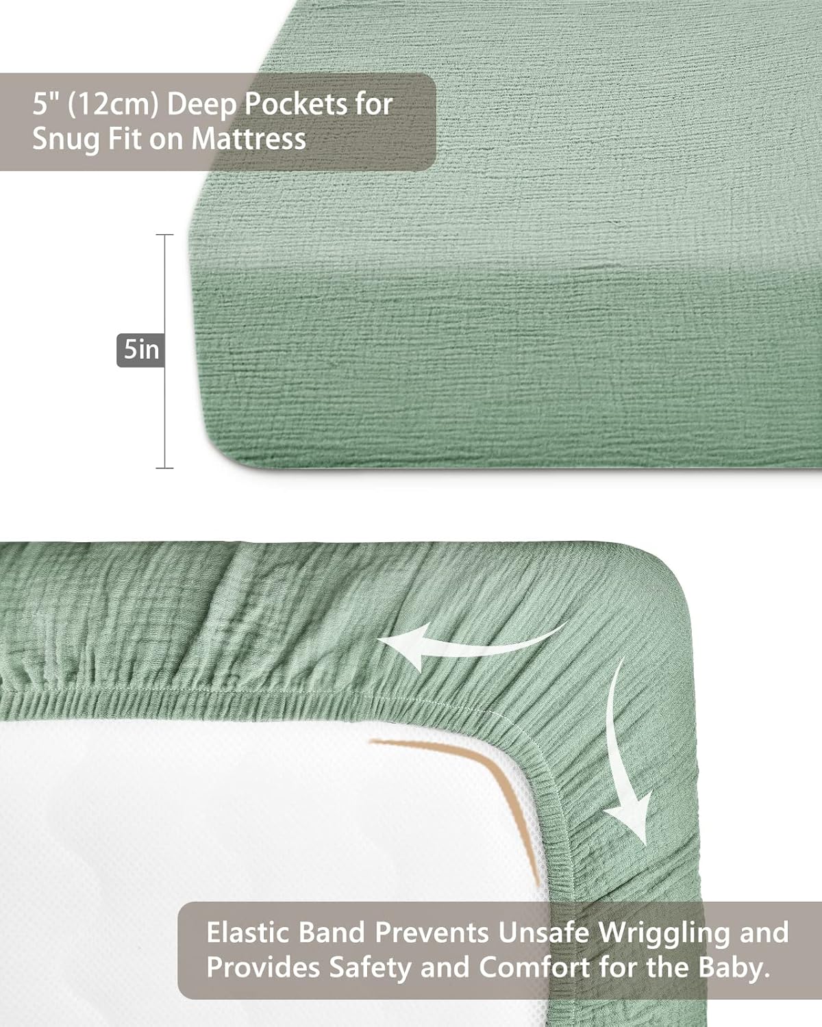 Mini Crib Sheets for Baby, Fitted Pack N Play Mattress and Mini Cribs 24" x 38", Neutral Muslin Cotton Mini Crib Mattress Sheet with Boho Style, Soft and Breathable Comfort (Sage)