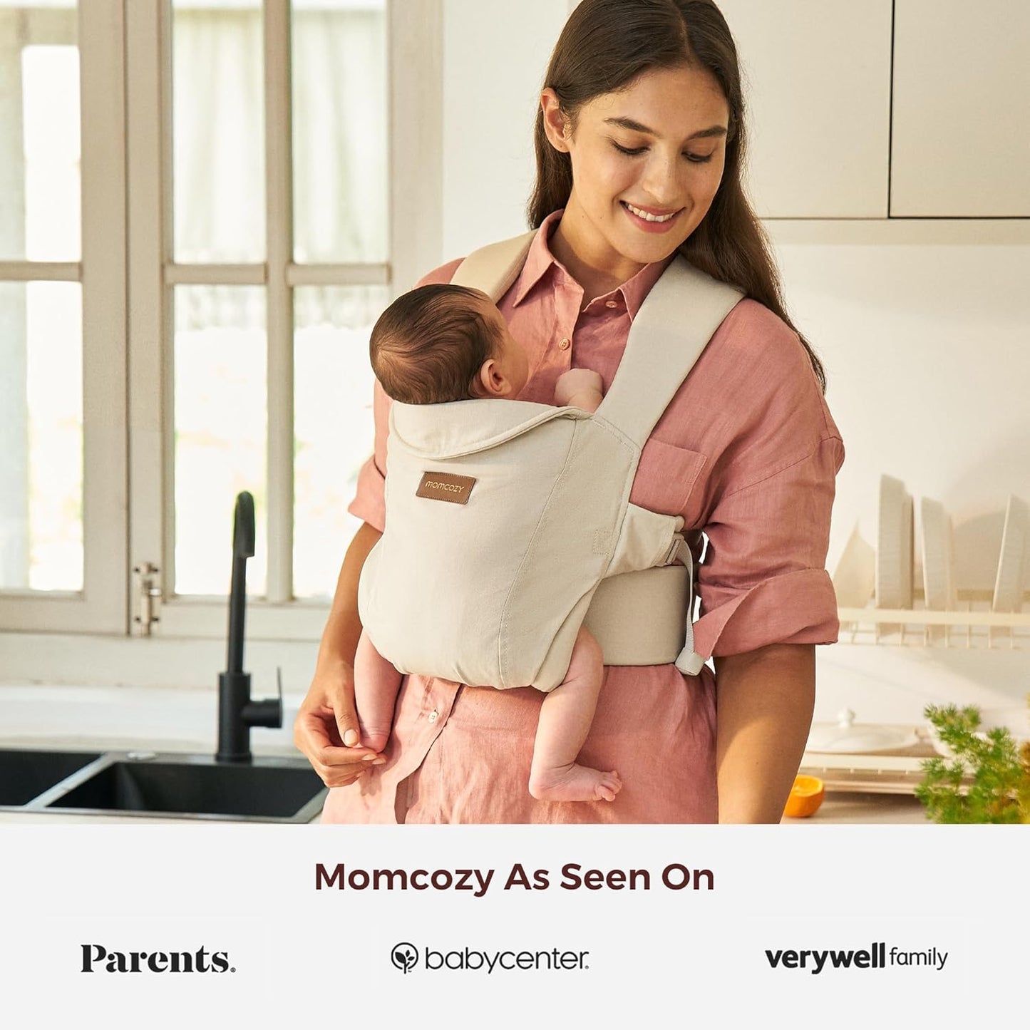 Momcozy Newborn Carrier WeeSnug- Lightweight and Cozy Comfort for 7-25 lbs, Ergonomic Cross-Back Support, Effortless to Put On, Hands-Free Baby Carrier with Lumbar Support, Khaki
