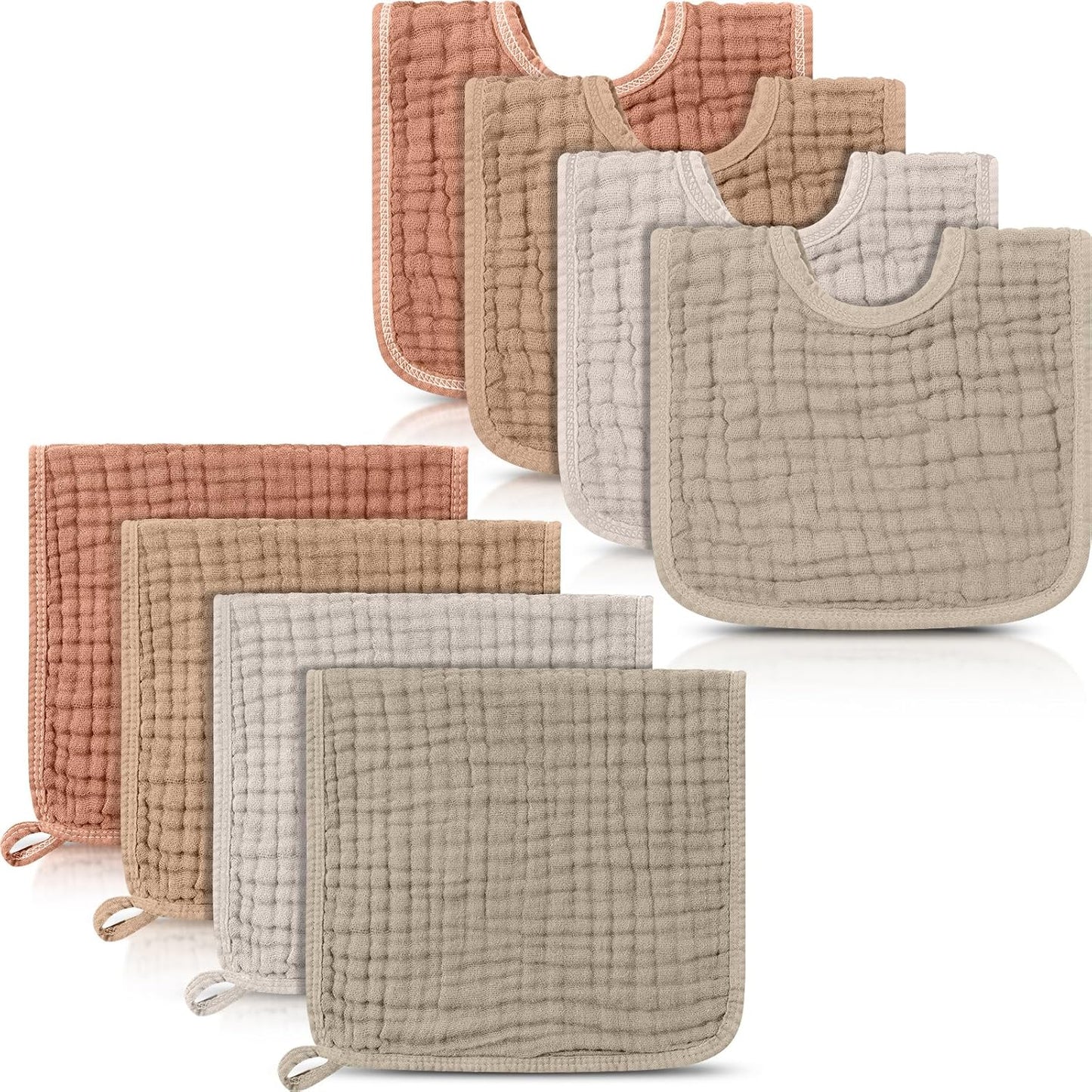 Tallew 8 Pack Baby Bibs and Muslin Burps for Baby Boy Girl Drooling and Teething 20" x 10" Burp Cloths Absorbent Rag Soft Cotton Bibs for Newborn Toddler Infant 0-24 Month Essentials(Brown Series)