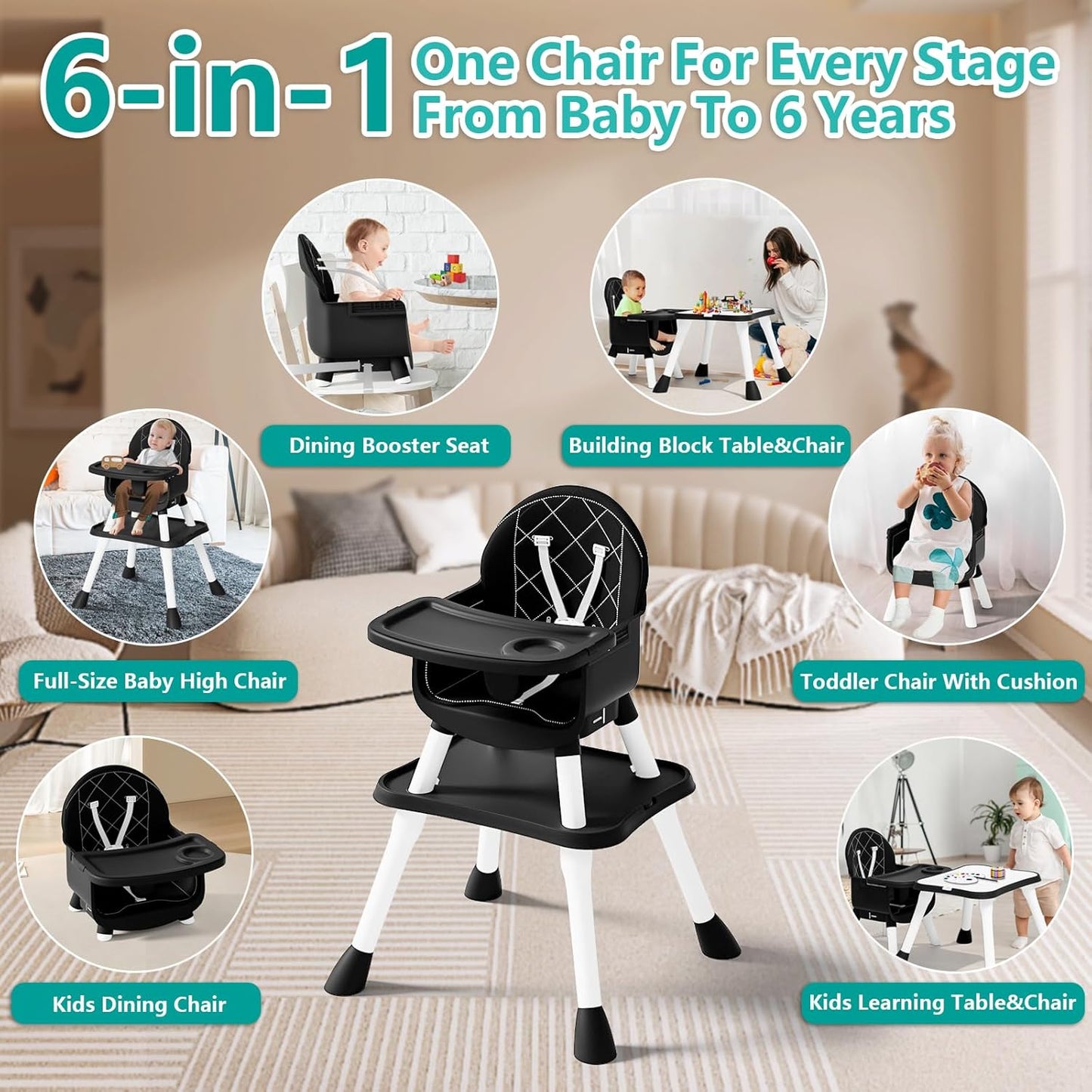 6 in 1 Baby High Chair for Babies and Toddlers, Booster Seat, Kids Learning Table & Chair (Black)