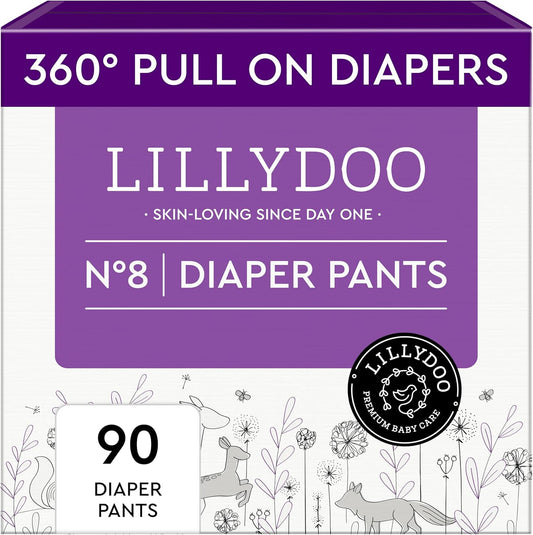 LILLYDOO Diaper Pants Toddlers - Size 8 (37+ lbs), Half-Monthly Supply (90 Count), Skin-Friendly, Ultrasoft, Chlorine-Free & Absorbent Diaper Pants