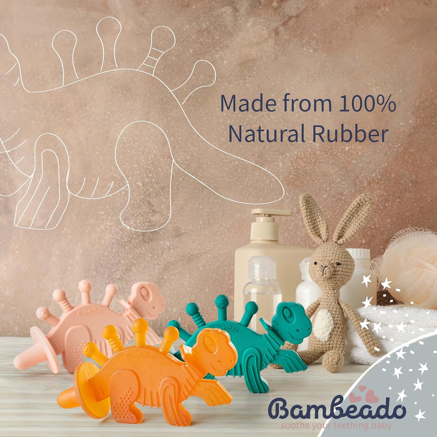Bambeado Baby Teether Toy and Training Toothbrush: Dibly - The Dino Baby Teething Toys BPA-Free Teethers Inspired by Nature with Natural Rubber Pacifier