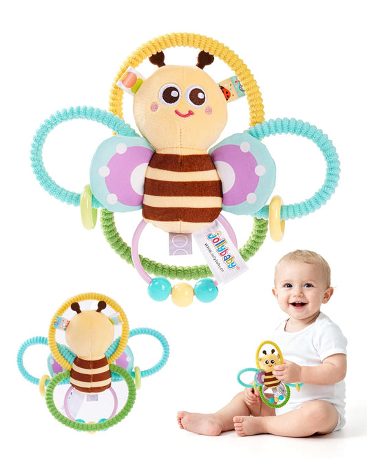 Jollybaby Soft Baby Rattles & Plush Rings Toy for Newborn 0-3-6-12 Months, Sensory Developmental Hand Teether Toys for Infant 0-2-4-7-8-9 Months, Baby Shower & Birthday Gifts - Bee
