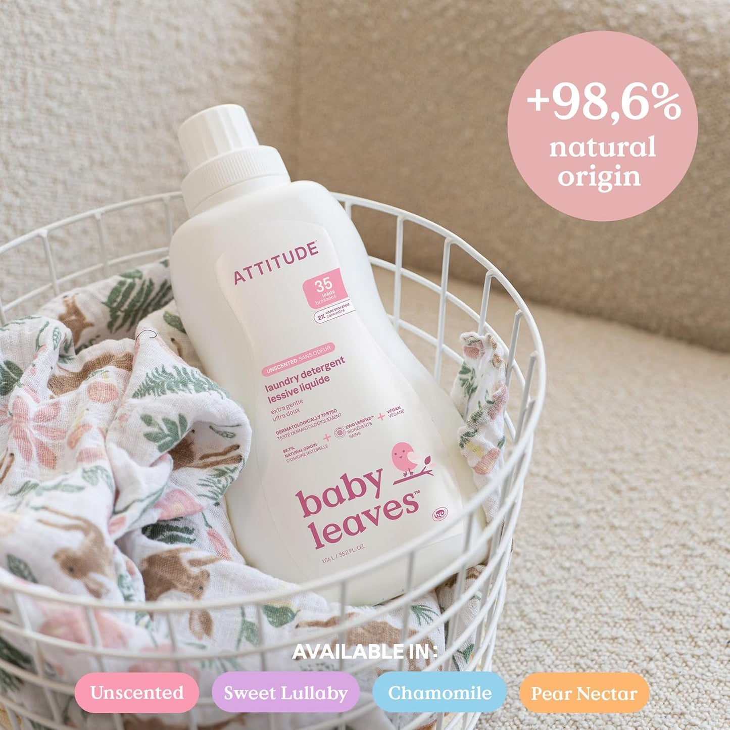 ATTITUDE Baby Laundry Detergent, EWG Verified, Plant and Mineral-Based Formula, HE Compatible, Vegan Household Products, Sweet Lullaby, 35 Loads, 35.5 Fl Oz