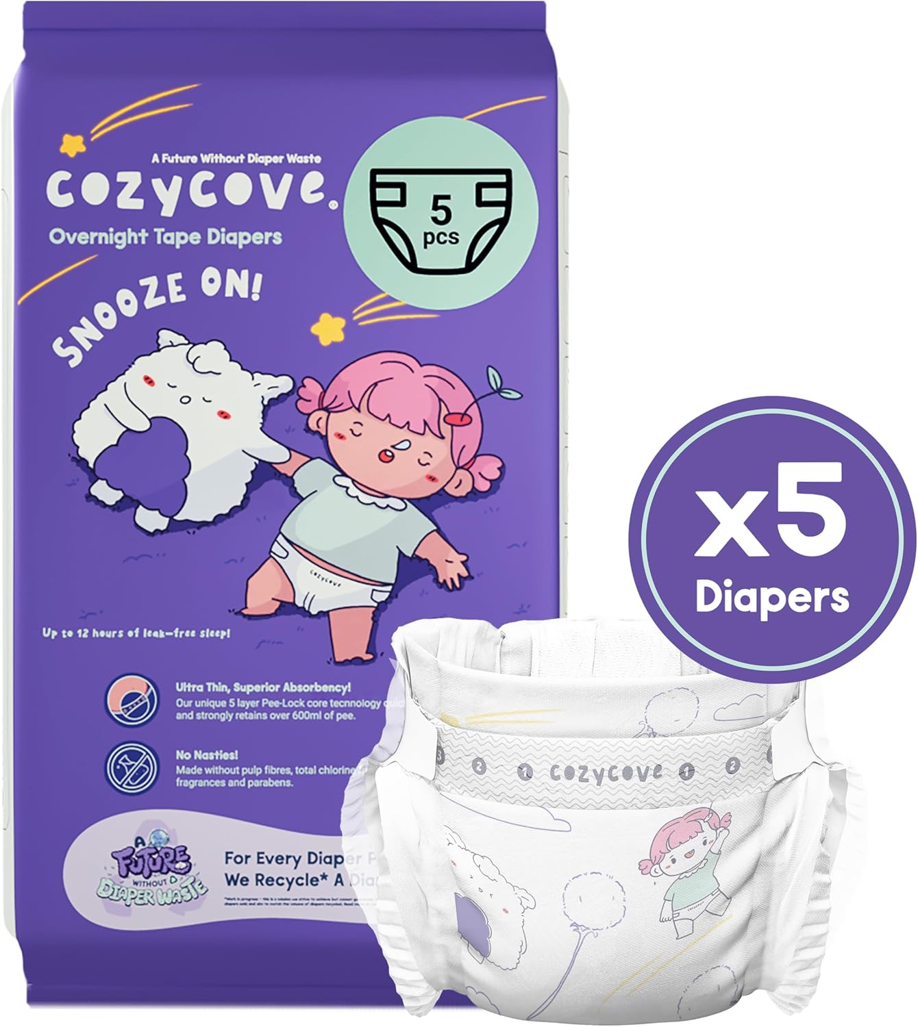 Cozycove Travel Pack Size 5 Diapers, Snooze On Slim Overnight Tape Diapers, Size 5 (28-39 lbs), 5 Count