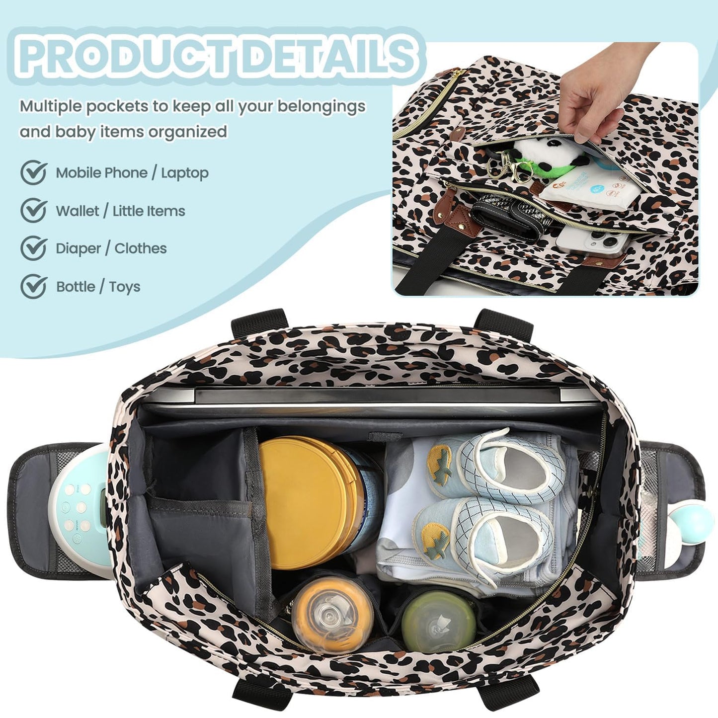 Diaper Bag Tote for Working Mom, Large Travel Diaper Tote for Mom and Dad with 14 Inch Laptop Sleeve, Mommy Maternity Travel Baby Bag for Boys and Girls, Leopard