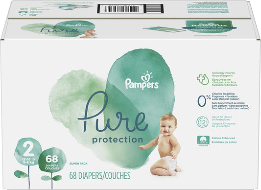 Diapers Size 2, 68 Count - Pampers Pure Protection Disposable Baby Diapers, Hypoallergenic and Unscented Protection, Super Pack (Old Version)
