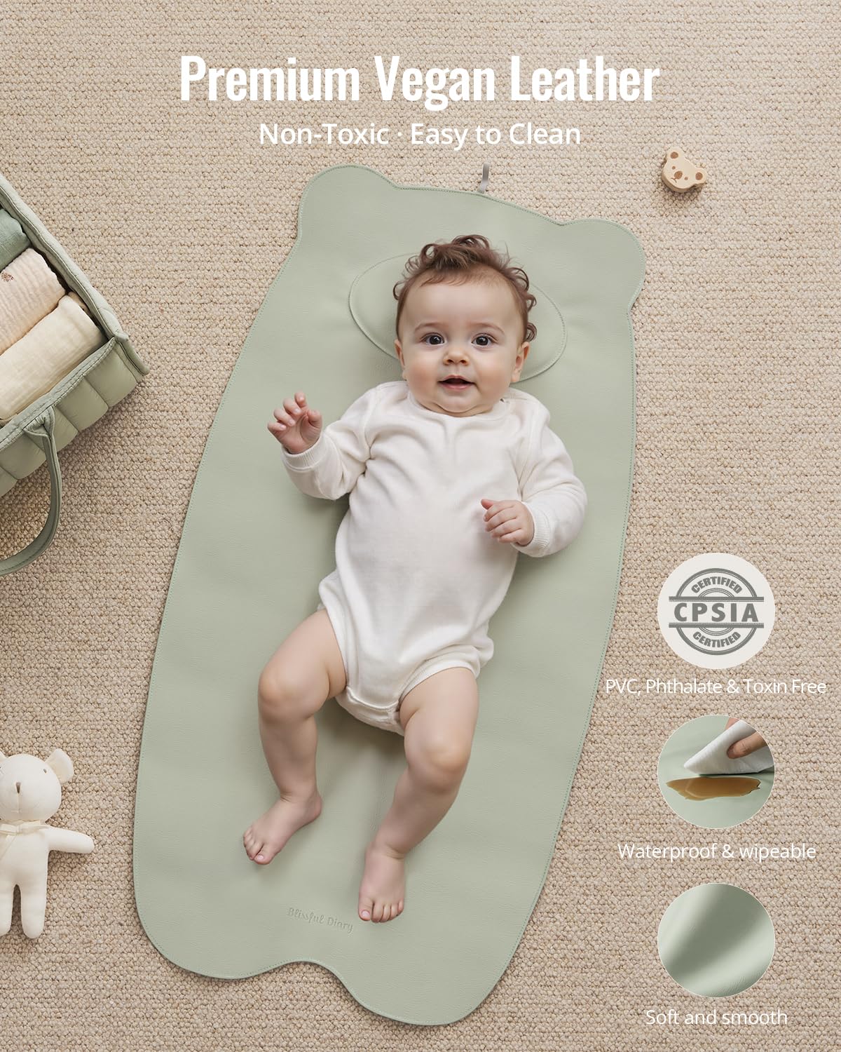 Blissful Diary Vegan Leather Portable Changing Pad, Wipeable, Waterproof Diaper Changing Mat, Newborn Shower Gifts, with Built-in Padding, Light Green