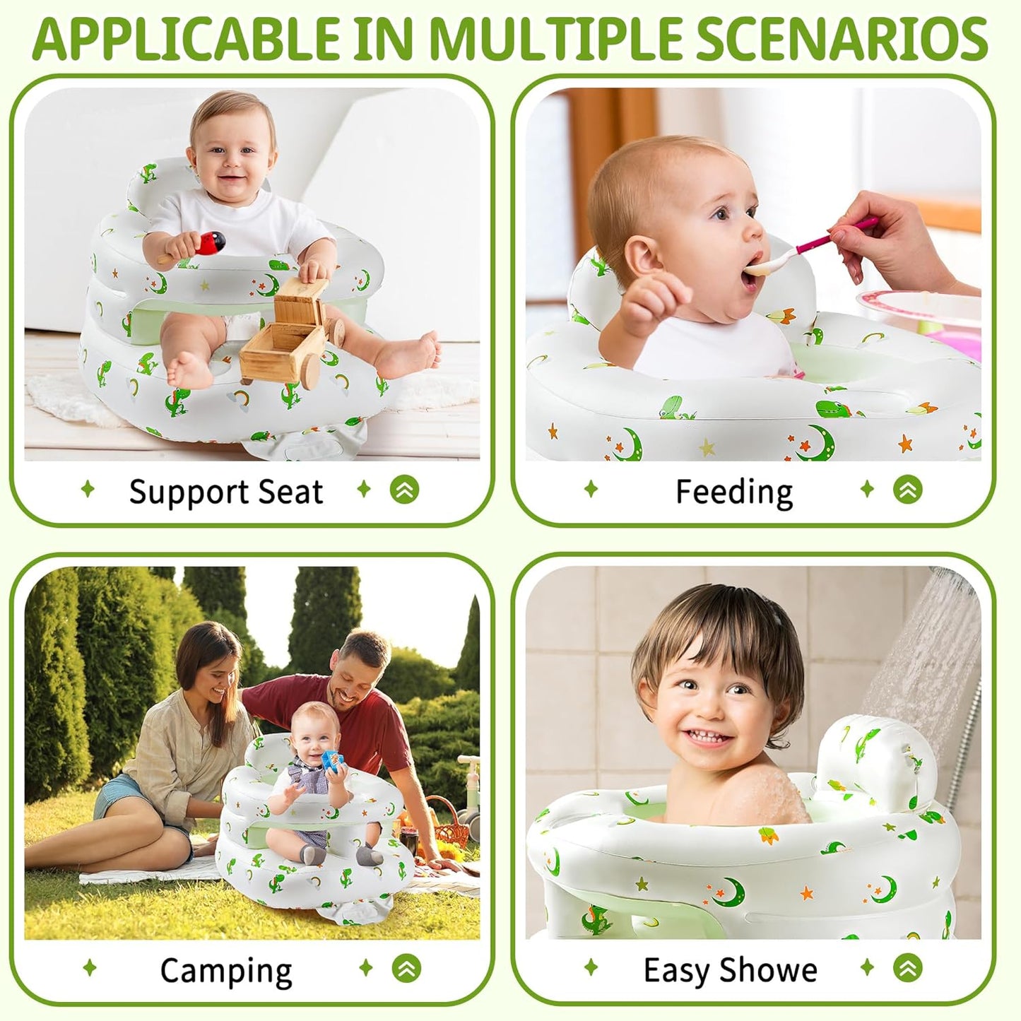 Inflatable Baby Seat with Full Enclosure, Comfortable Sit Me Up Baby Chair for Learning to Sit, Built in Air Pump Blow Up Infant Back Support Floor Seat for Babies 3 Months & Up (Dinosaur-Regular)