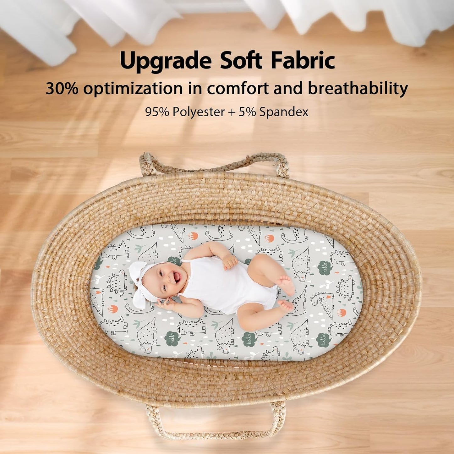 Baby Bassinet Sheets Girl Boy, Fitted Bassinet Sheet Set 3 Pack Bassinet Mattress Sheets Universal Fit for Rectangle, Round, Oval, Hourglass Mattress, Soft Breathable Green & Apricot Lion