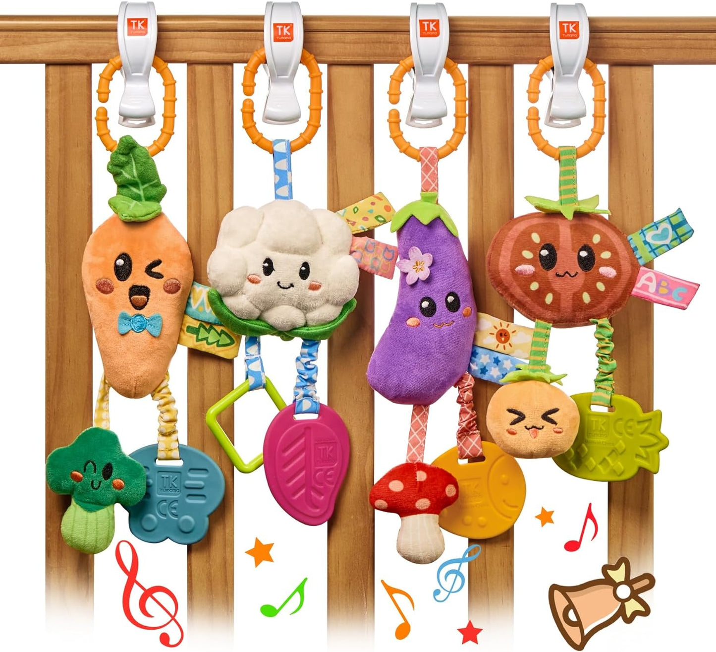 TUMAMA Hanging Vegetable Plush Toy Set, 4 Different Vegetable Crib Stroller Toys, Early Baby Cognitive Sensory Rattle Hanging Toy with Teether. Suitable for Babies 0, 3, 6, 9, 12 Months
