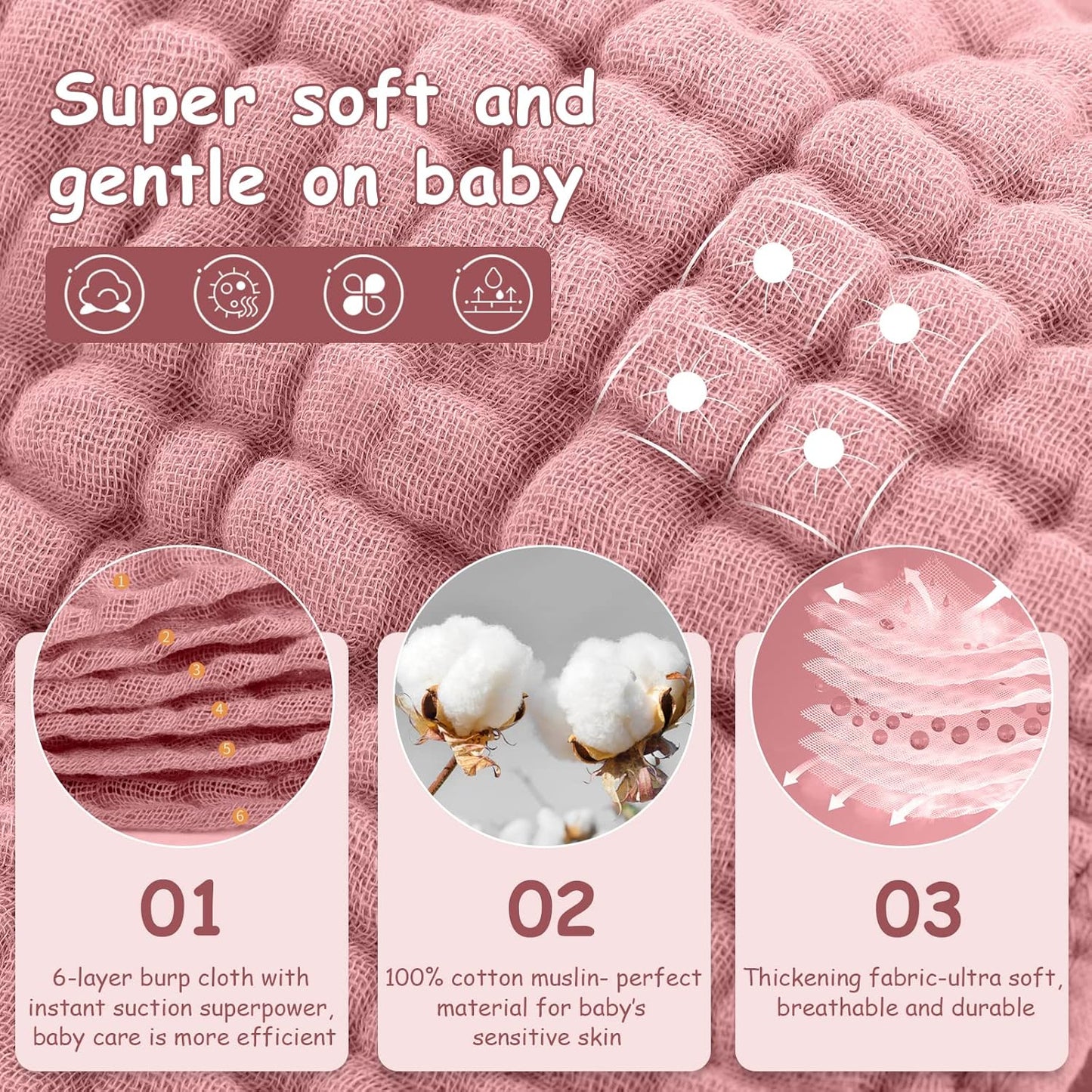 Looxii Muslin Burp Cloths Baby Girl 6 Pack - 20" x 10" - Ultra Soft & Absorbent, 6-Layer 100% Cotton for Spit Up & Drool- Gentle Burping Cloth, Baby Girl Newborn Essentials Shower Gifts, Bean Paste