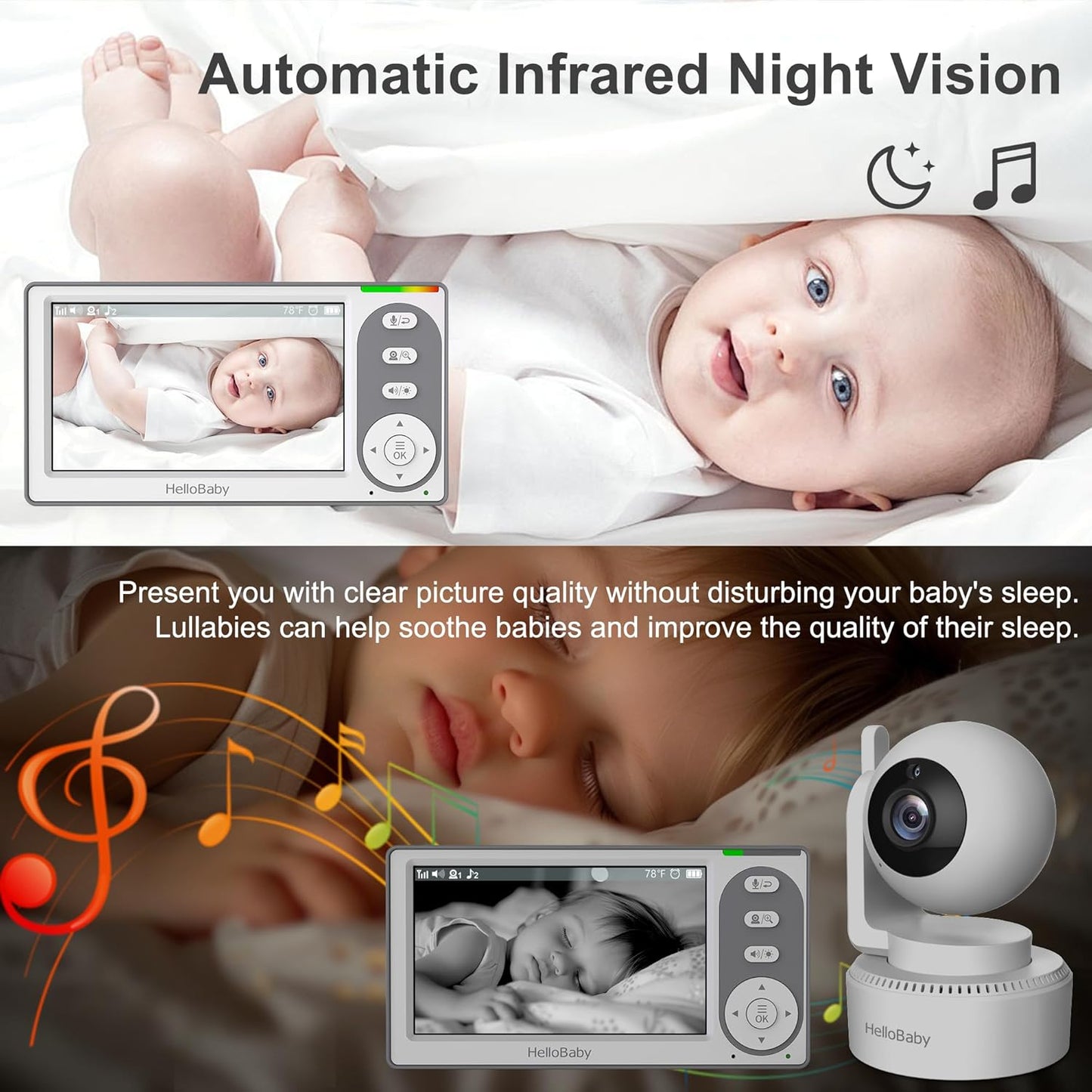 HelloBaby 4.3'' Video Baby Monitor with 30 Hours Battery, Remote Pan-Tilt-Zoom Baby Monitor No WiFi, Baby Monitor with Camera and Audio, Night Vision, ECO Mode, Two-way Talk, 8 Lullabies, 1000ft Range