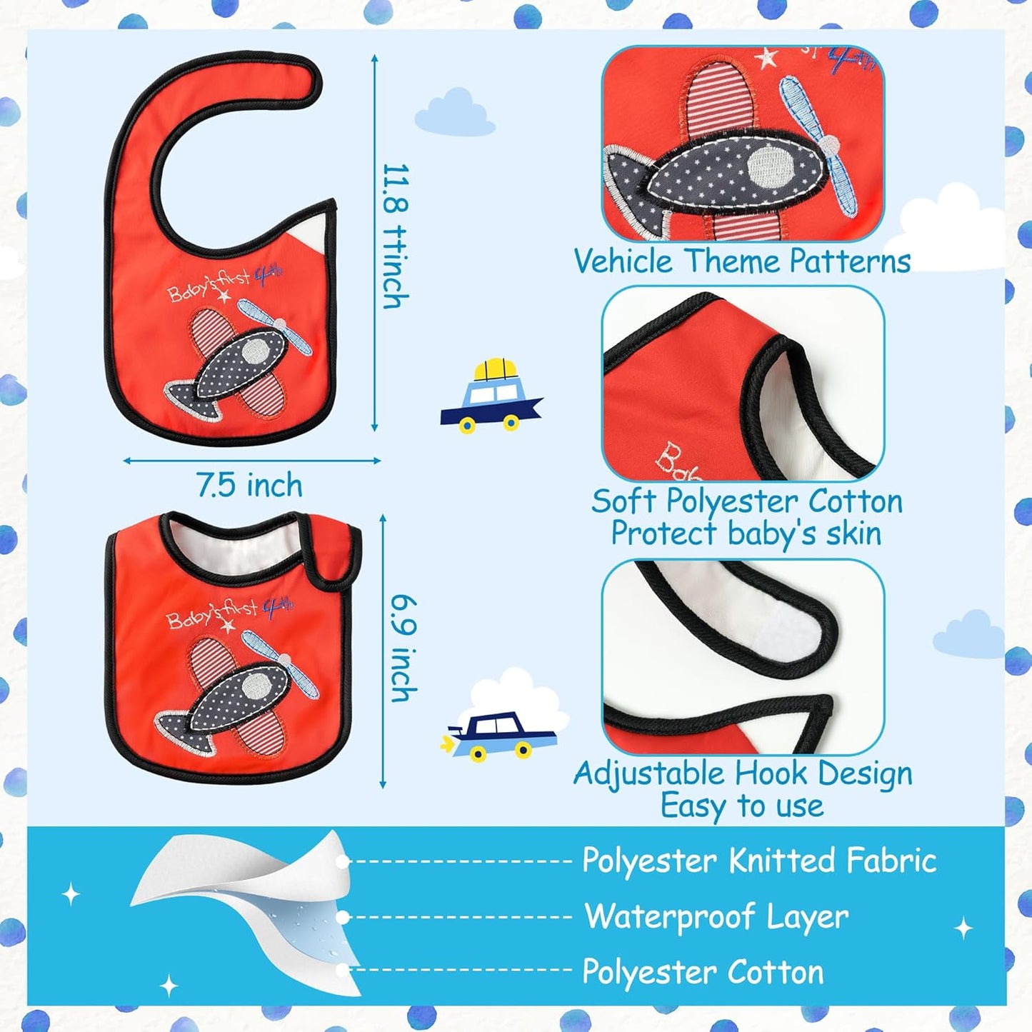 7Pcs Cotton Waterproof Baby Bibs Hook Loop Closure Newborn Bib Keepsake Baby Gift for Drooling Feeding Eating