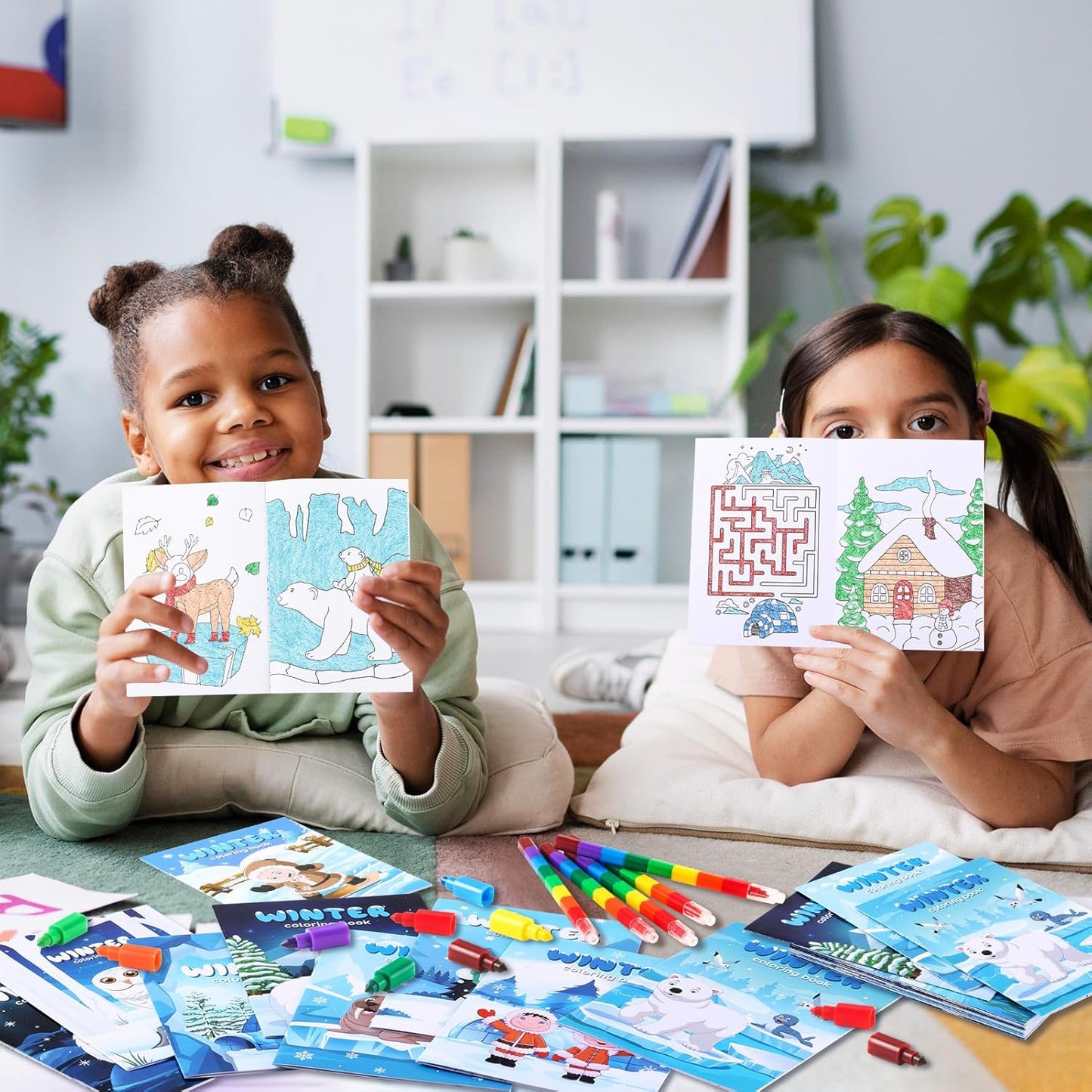 BenLouis 12 Winter Mini Coloring Books Kids with 12 Stacking Crayons Polar Animals Party Favors Small Activity Books Bulk for Kids Winter Holiday Party Gift Goodie Bag Stuffers