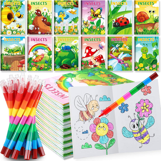 BenLouis 12 Insects Mini Coloring Books Kids with 12 Stacking Crayons Spring Bugs Party Favors Small Activity Books Bulk for Kids Butterfly Bee Party Gift Goodie Bag Stuffers