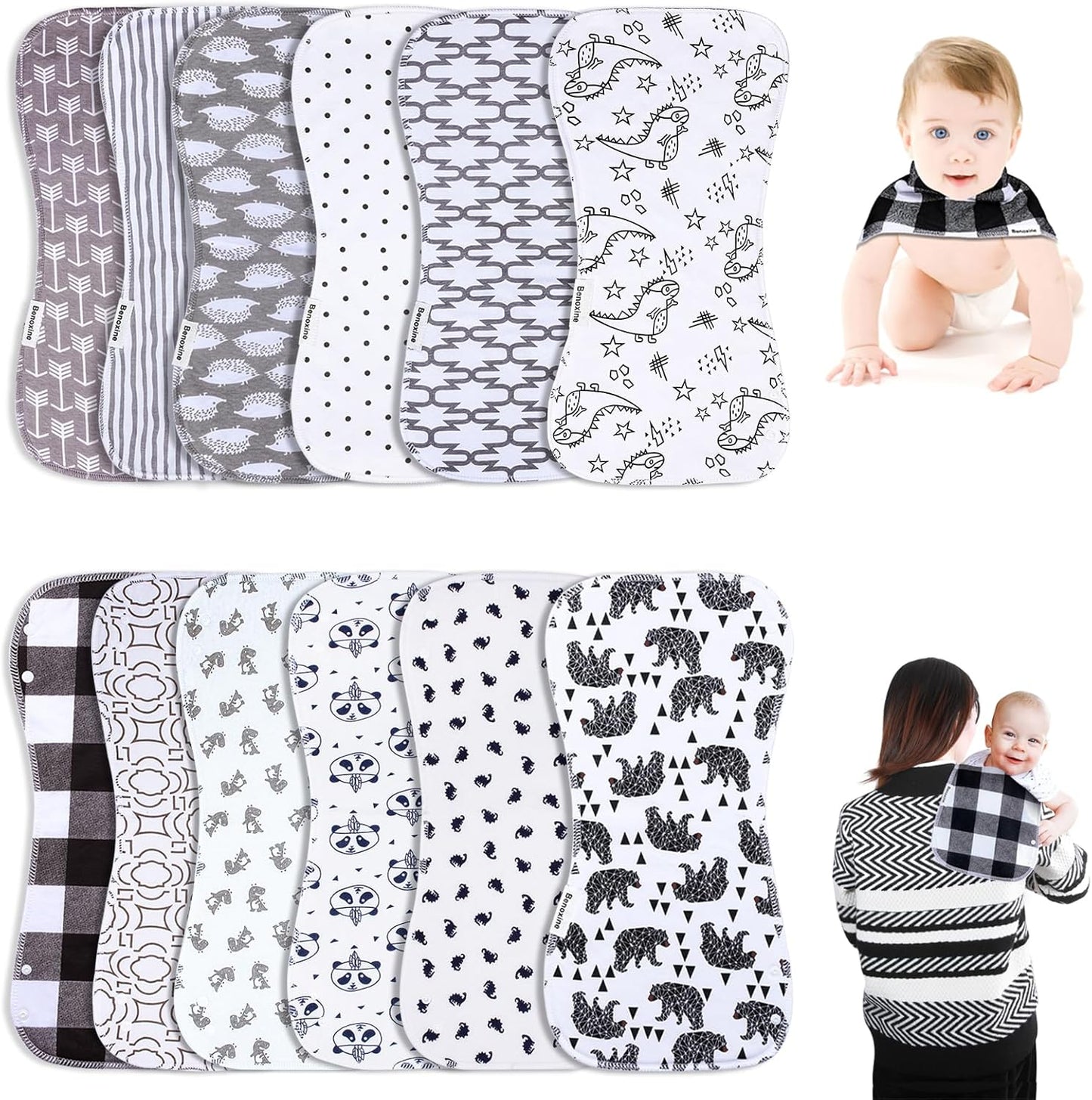 Baby Burp Cloths & Baby Bibs 2-in-1 Design Large Size 3 Layers Thicken Cotton Super Absorbent and Soft Baby Spit Up Burping Rags Baby Burp Cloth Set for Boys and Girls Solid 12 Pack