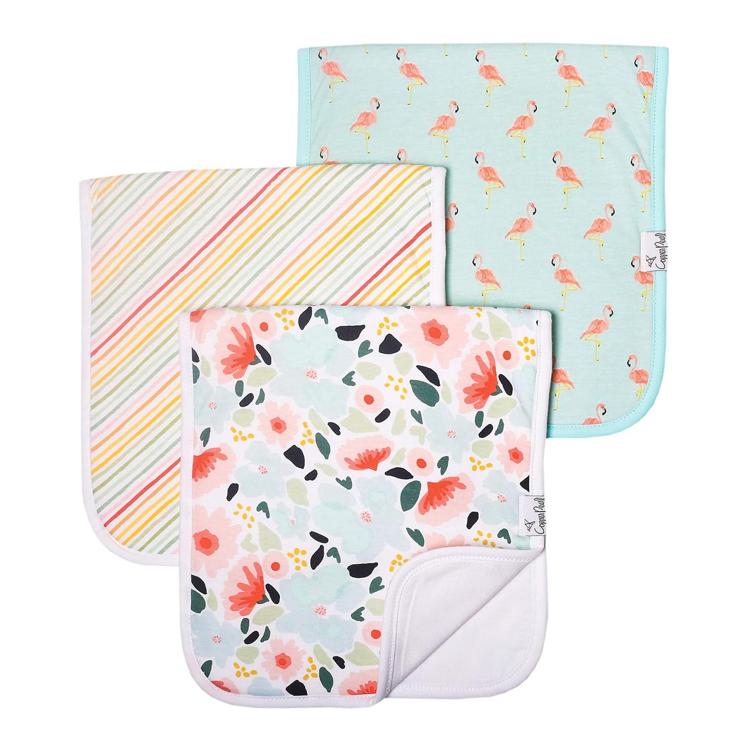 Copper Pearl Premium Baby Burp Cloths - 3-Pack Large Cotton Burp Cloths, Extra Soft Spit Up Rags with 3 Absorbent Layers, Perfect for Baby Girl Gifts (21" x 10" Size, Leilani Set)