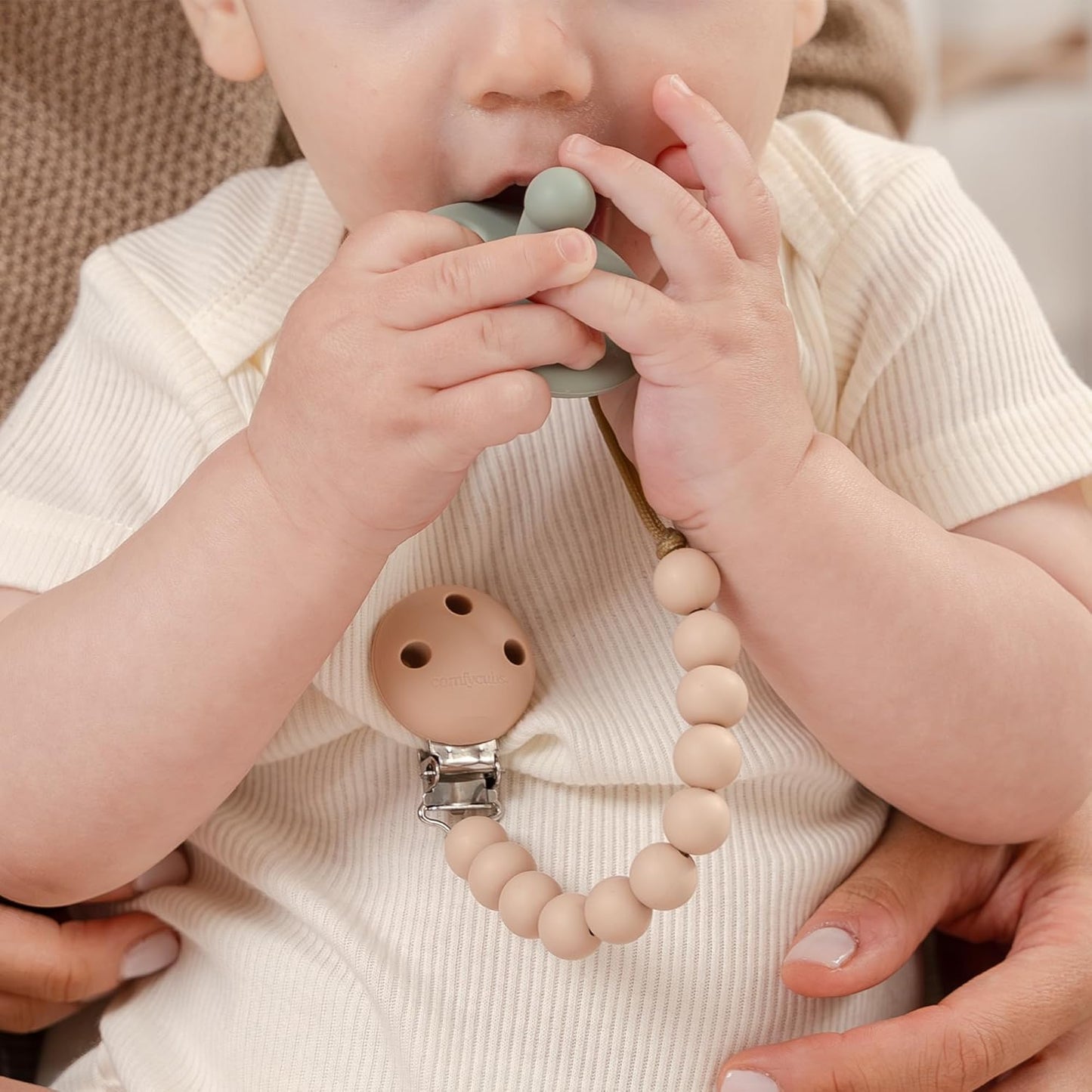 Comfy Cubs Pacifier Clips 2 Pack - 100% Food Grade Silicone Baby Pacifier Clips, BPA & PVC Free - CPSIA Certified, Lightweight and Flexible Baby Gifts - Beige