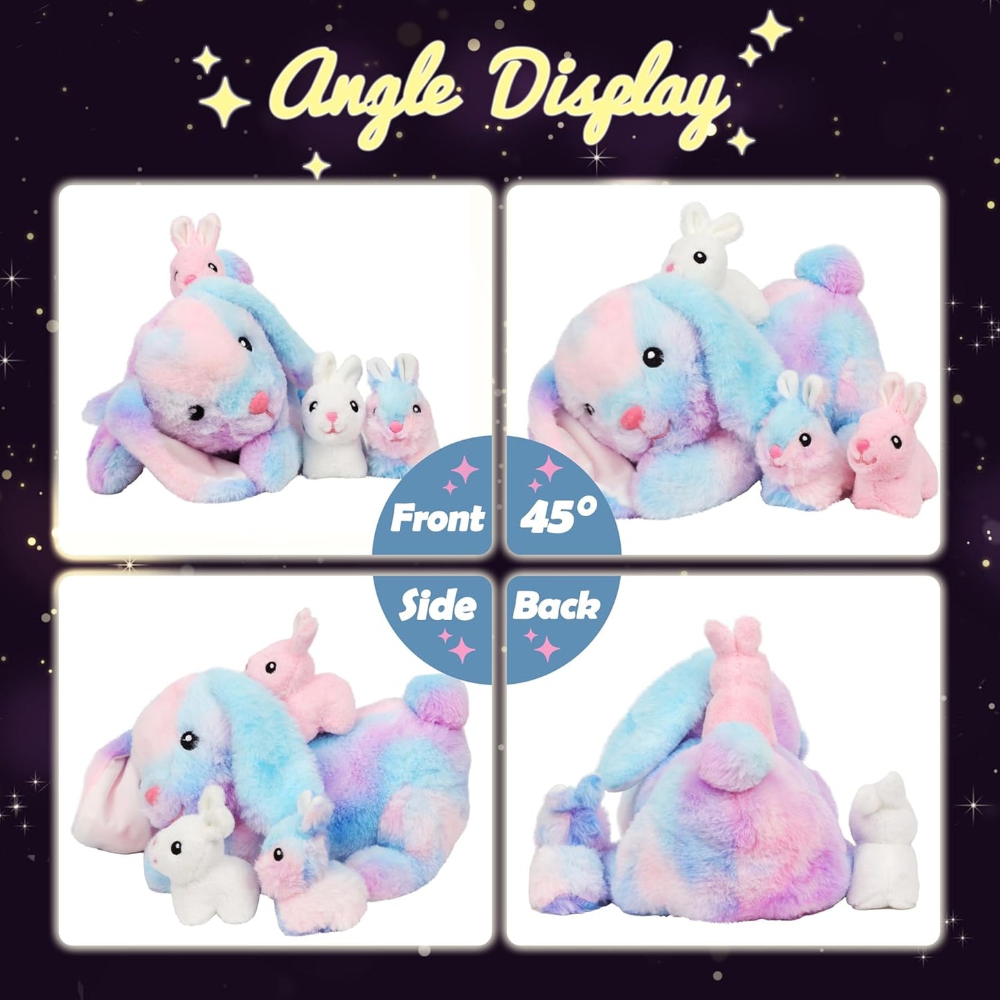 Hopearl LED Stuffed Rabbit Lighting Up Bunny Plush Toy Playset Mommy with 3 Babies in her Tummy Lullaby Animated Soothe for Mom Kids Toddler Girls, Rainbow, 12''