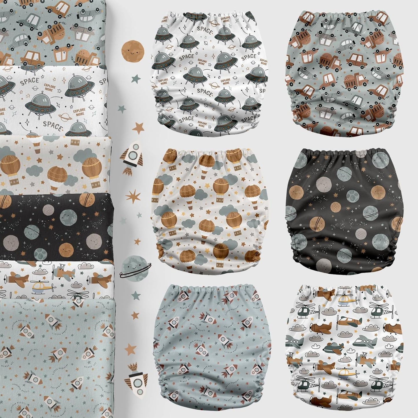 Mama Koala 3.0 Cloth Diapers for Babies with AWJ Lining, 6 Pack with 6 Natural Cloth Diaper Inserts - Reusable and Washable Pocket Diapers (Space Ranger)