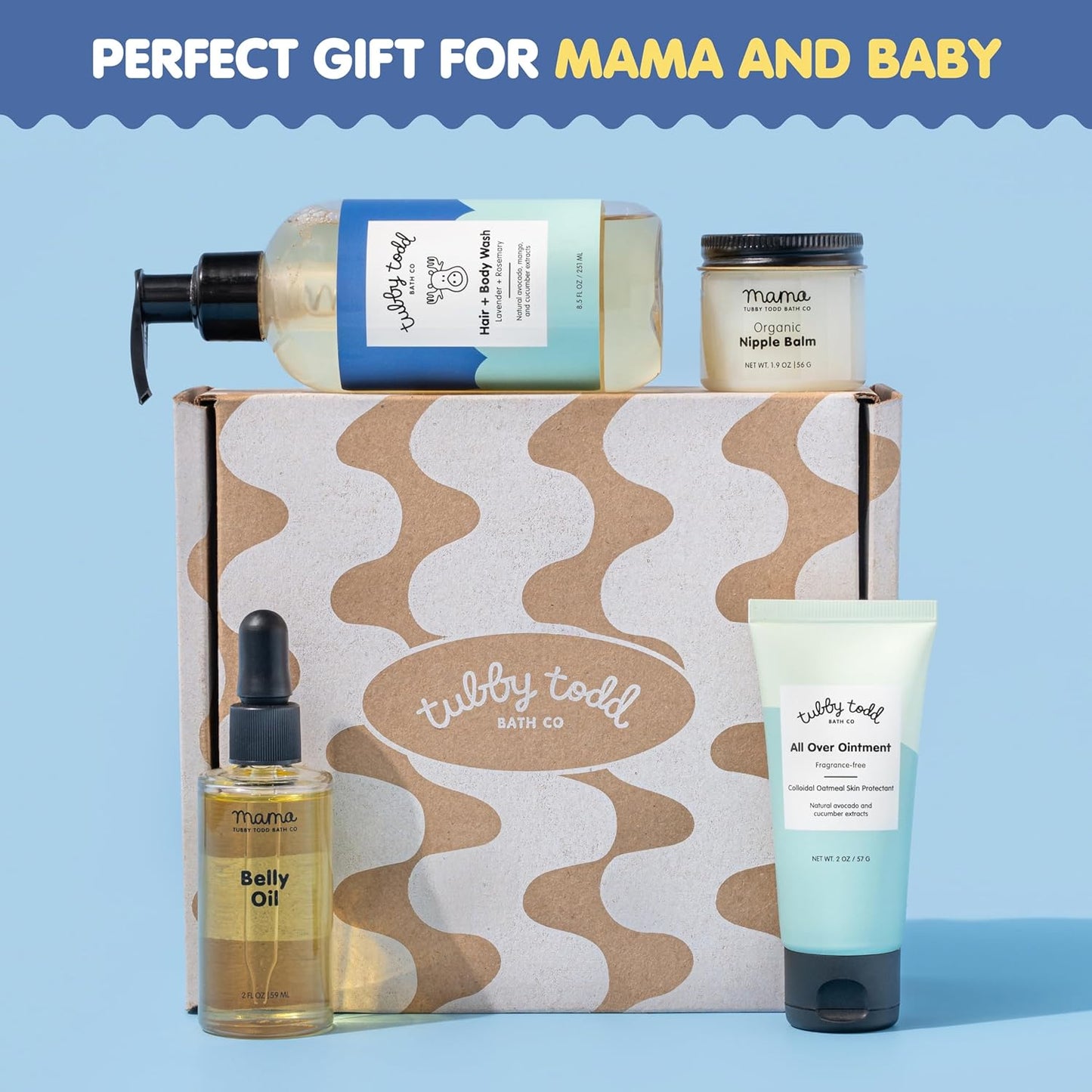 Tubby Todd New Baby & Mom Sensitive Skincare Kit - The Mama + Baby Gift Set - Baby Shampoo and Body Wash 8.5 Oz, All Over Ointment 2 Oz, Belly Oil 2 Fl Oz & Nipple Balm 1.9 Oz - Lavender Rosemary