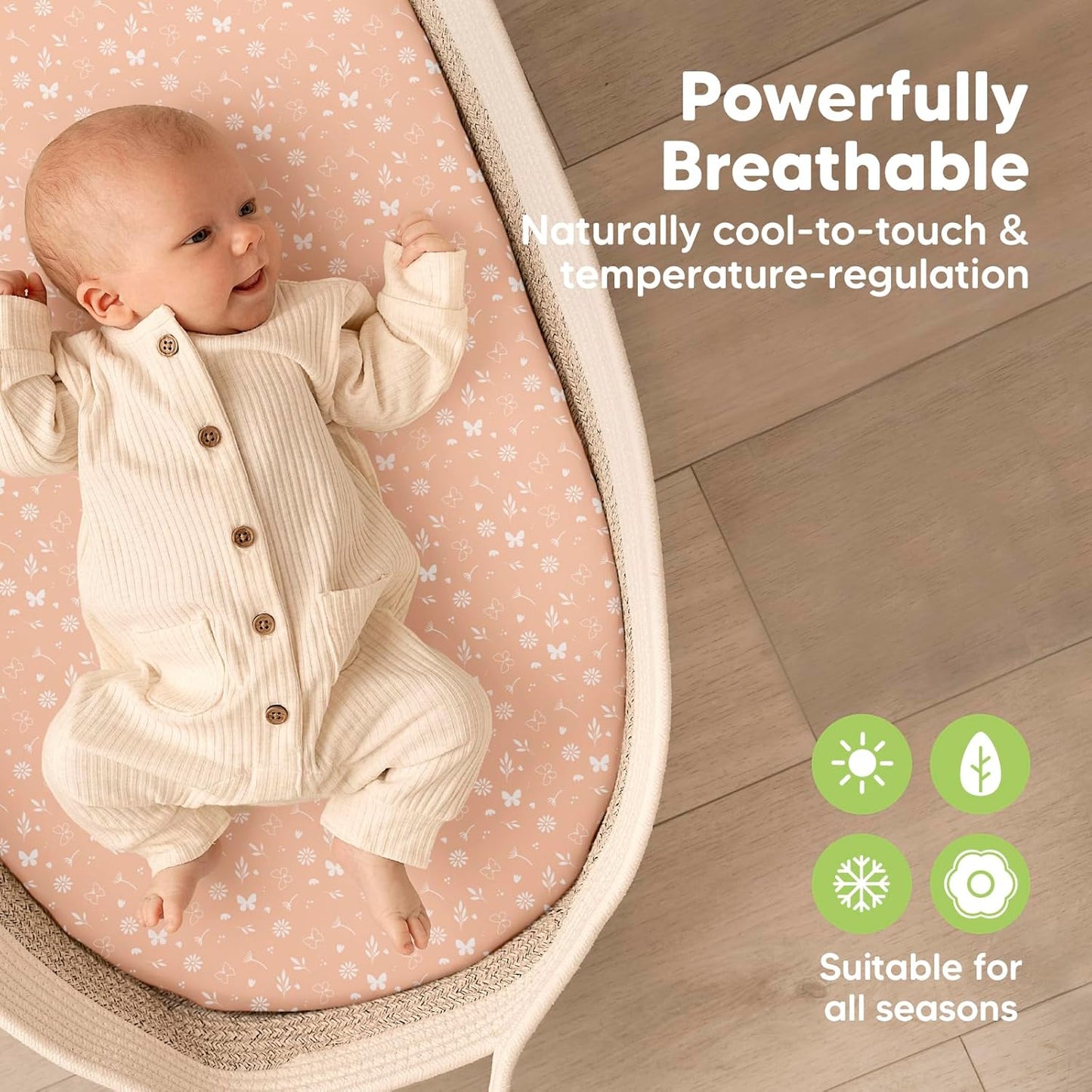 2-Pack Baby Bassinet Sheets Girl, Boy - 33x17 Viscose Derived from Bamboo Bedside Mattress Fitted Bassinet Sheets, Compatible with Halo Bassinest Swivel Sleeper, Baby Delight, Graco(Butterflies)