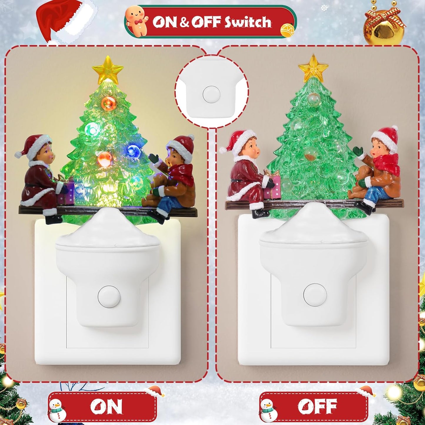 2 Pack Christmas Night Light Plug into Wall Nightlight with USB/Outlet Options, Christmas Tree Decorative Night Light for Bedroom Kitchen Nursery Holiday Decorations Gifts (Seesaw)